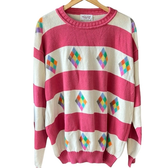 United Colors Of Benetton Sweaters - United Colors of Benetton Vintage XL 100% Cotton Striped Rainbow Preppy Sweater